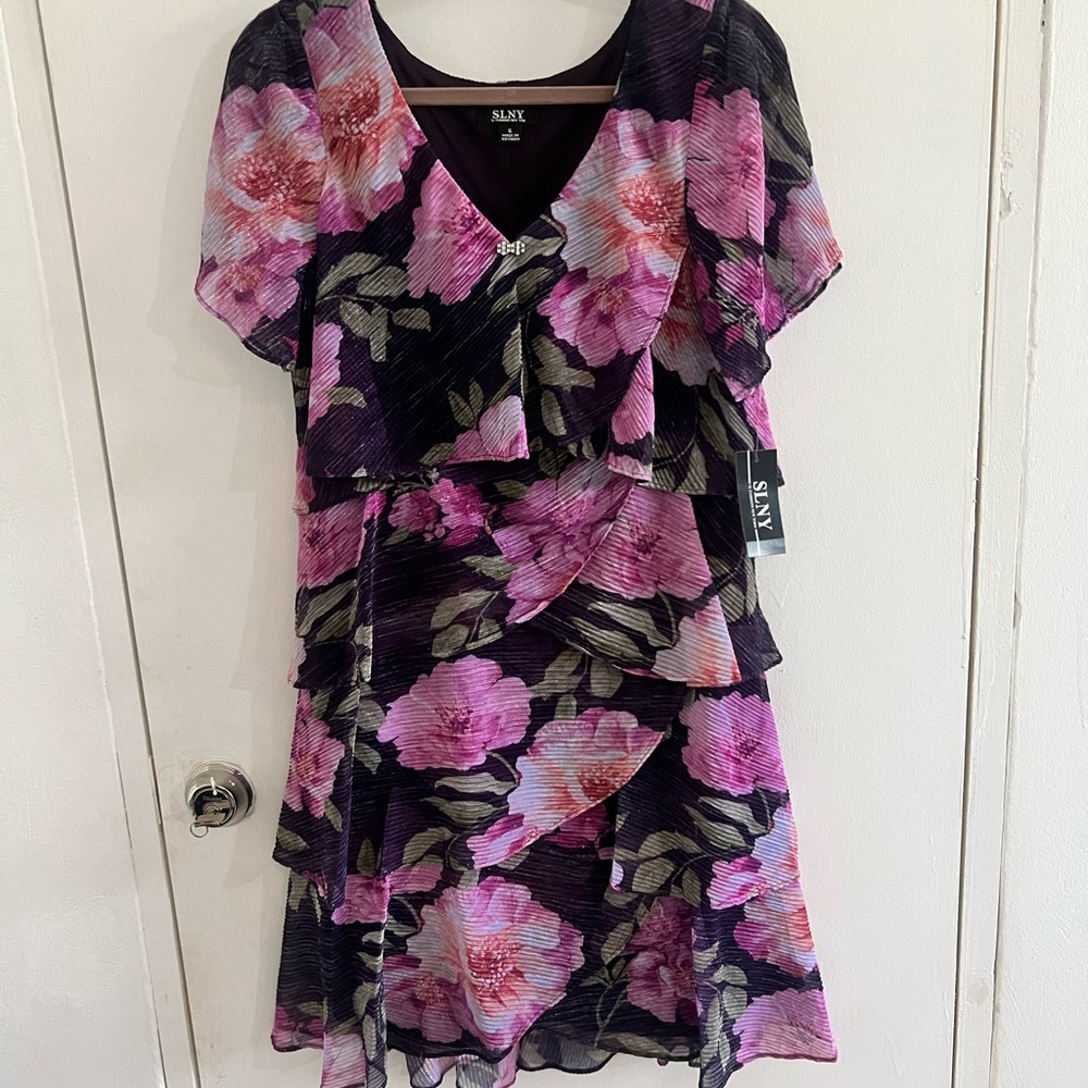 SLNY Pink and Purple Flutter Sleeve Midi Dress